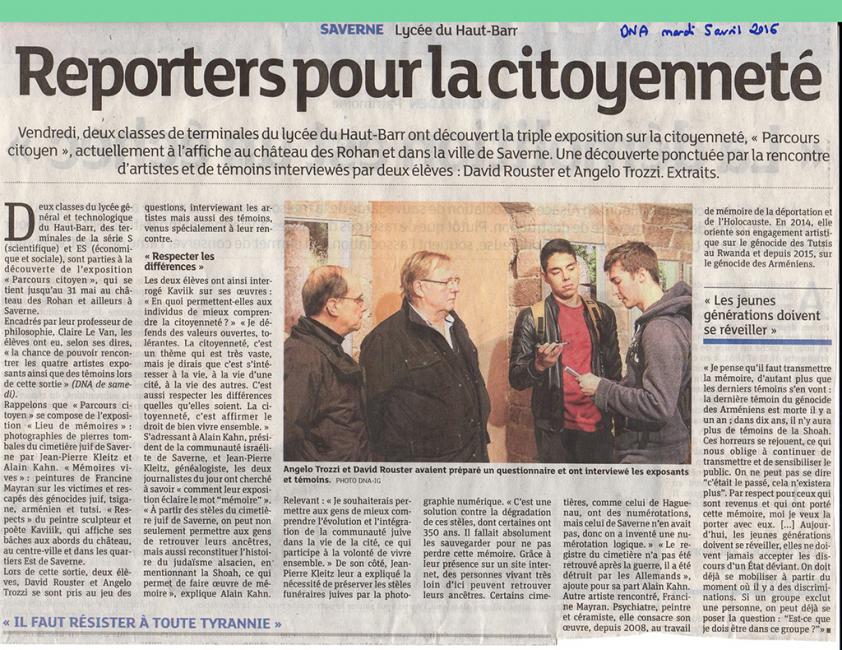 SAVERNE. ARTICLE DE PRESSE